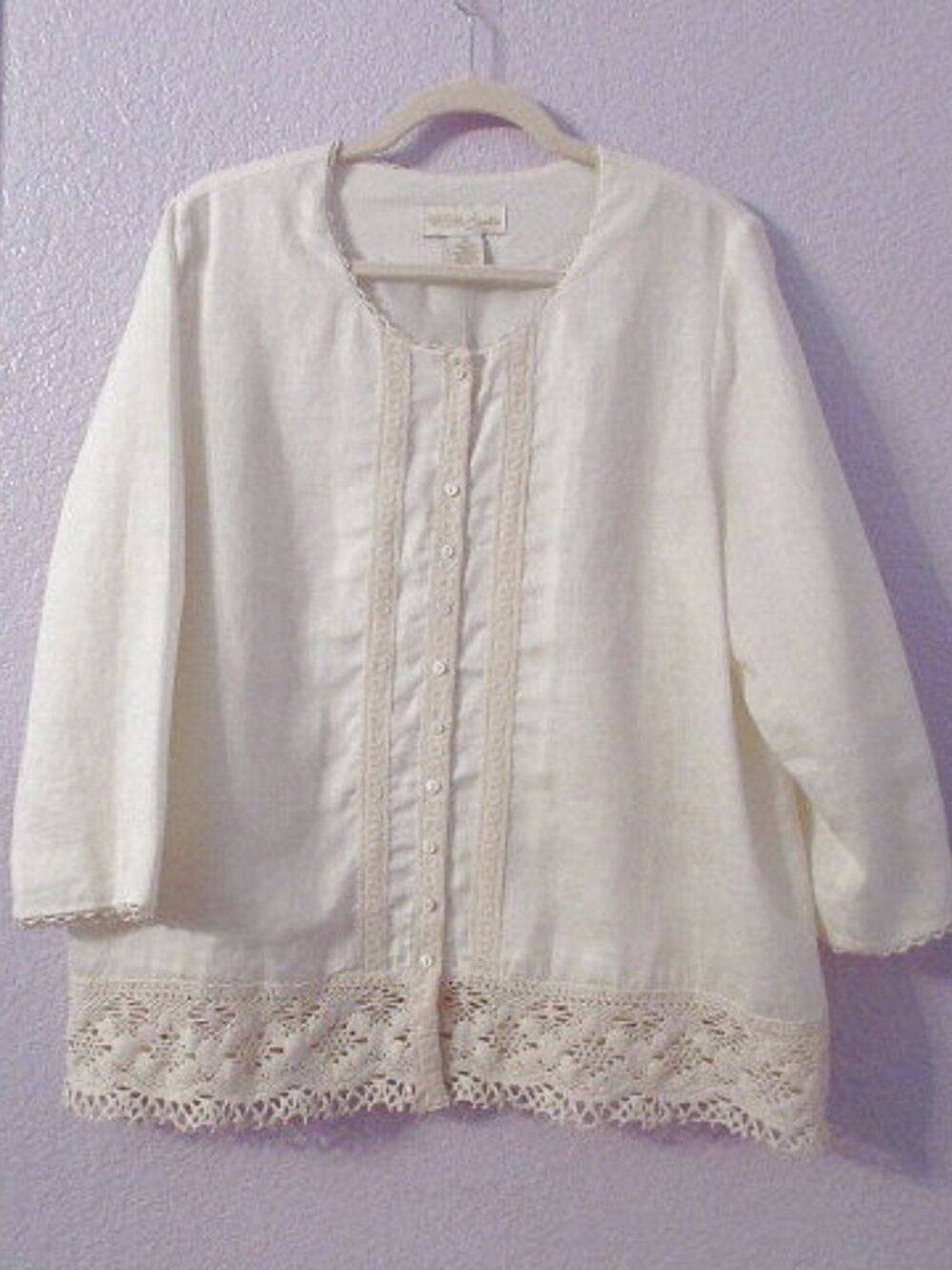 Parisian Linen Blouse Top Size 16 Crochet Tunic Button Up Old Money Coastal Boho